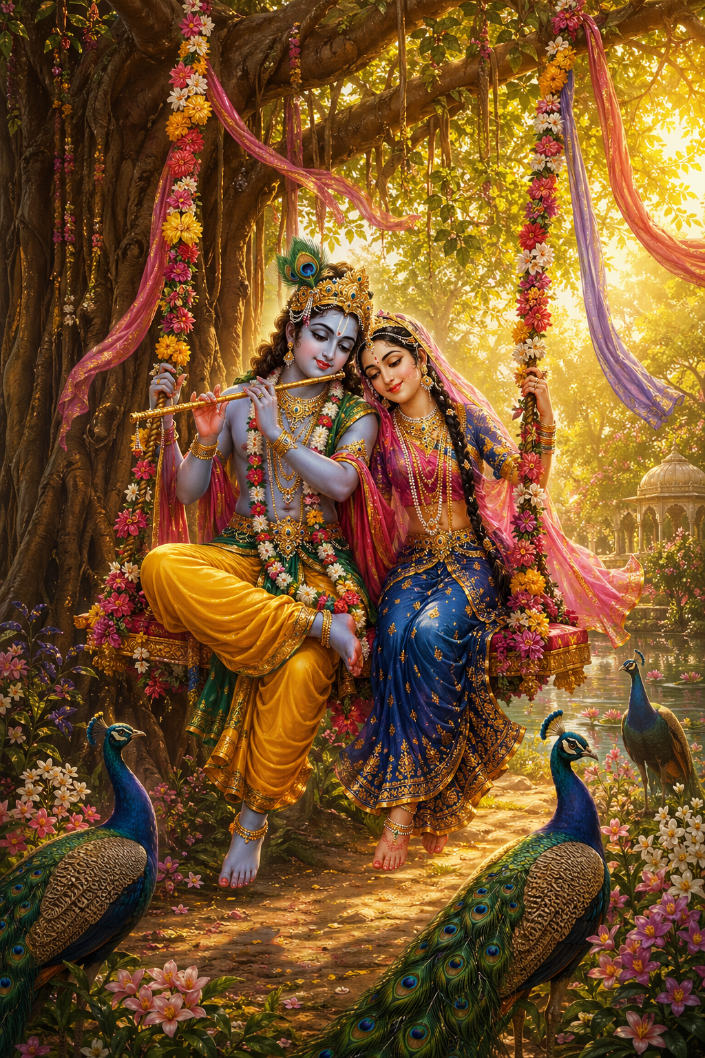 Radha Krishna on flower-decorated swing in garden with silk ribbons golden afternoon light